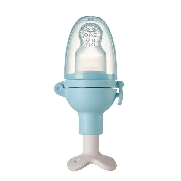 BC BABYCARE Nutrition Feeder blue bottle with clear dome, strap clip, and soft nipple.