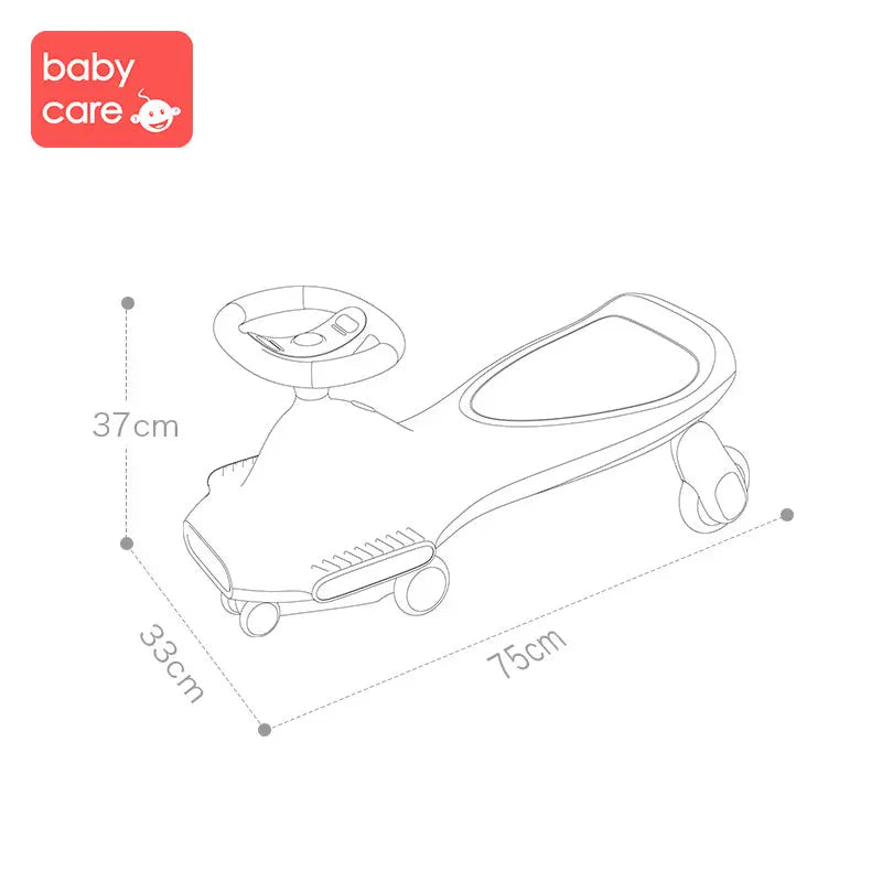 BC Babycare Nyokiroad Wiggle Car riding toy shown in a line drawing; 75 cm long, 37 cm tall.