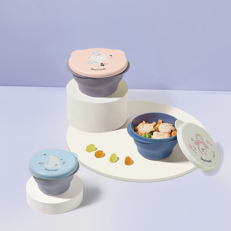 BC Babycare portable travel food bowl set with three pastel lids (pink, blue, light blue)