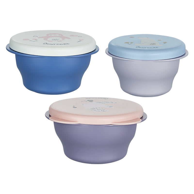 Bc Babycare Portable Travel Food Bowls set of 3 with pastel blue, lavender and pink lids