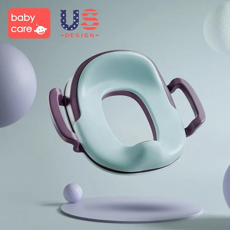 BC Babycare Potty Seat in light blue with purple handles, shown hovering on a platform for easy potty training.
