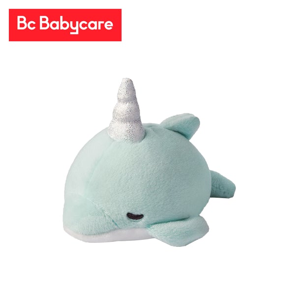 Whale plush toy by BC Babycare, pastel blue with stitched smile and small fins