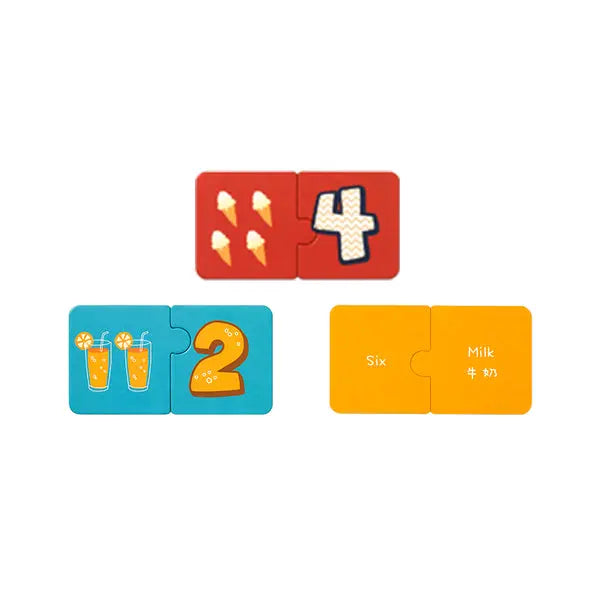BC Babycare Puzzle Game Set: three colorful number tiles joined together showing 4, 2, Six with ice cream, drinks, and milk.