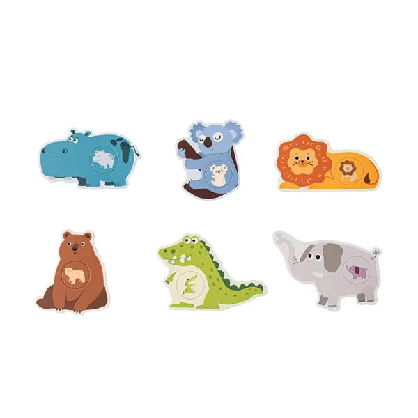 BC Babycare Puzzle Game Set: six colorful animal pieces (hippo, koala, lion, bear, crocodile, elephant) laid out playfully.
