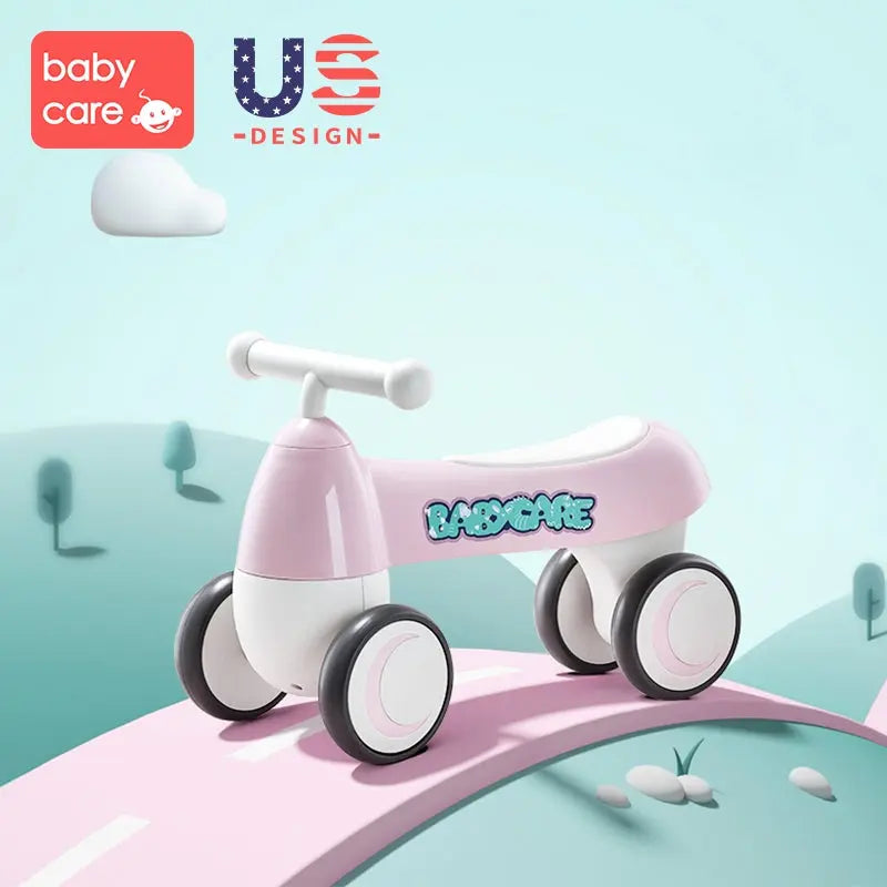 BC Babycare Ride On Scooter for toddlers, pink plastic with white seat and black wheels on a pastel pink curved path.