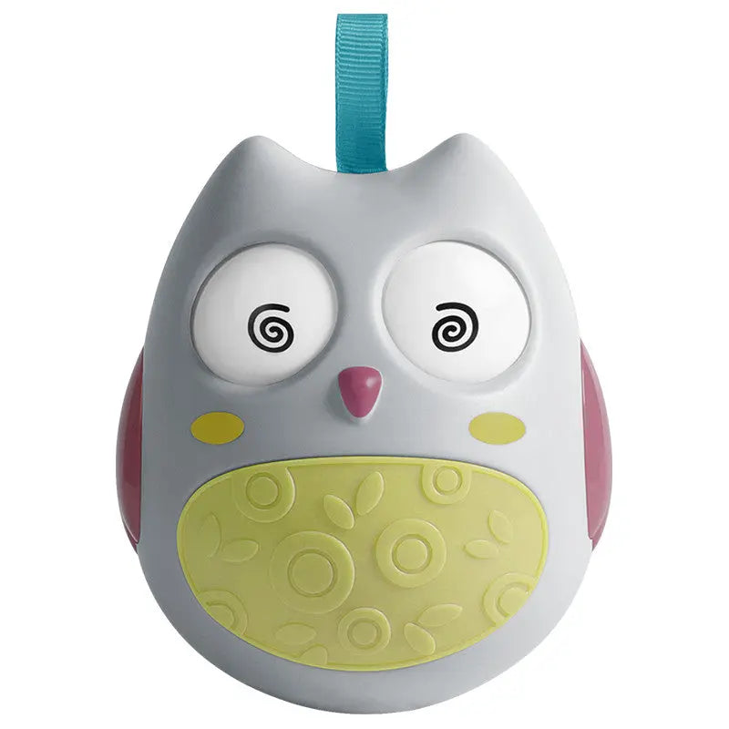 BC Babycare Roly Poly Toy Owl, gray owl with yellow patterned belly and blue hanging loop.