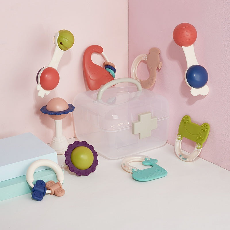 BC Babycare Shower Toy and Teether Set; assorted pastel bath toys and clear storage case