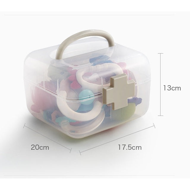 BC Babycare Shower Toy & Teether Set in a clear plastic case with beige handle, featuring assorted colorful teethers.