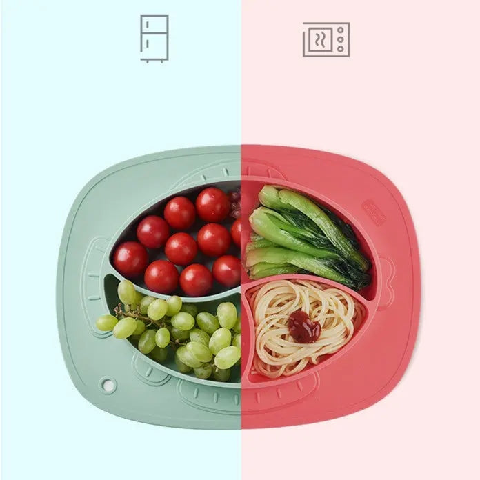 BC Babycare Silicone Anti-Slip Plate Crab mint/pink divided baby feeding plate shown with tomatoes, grapes, greens and pasta