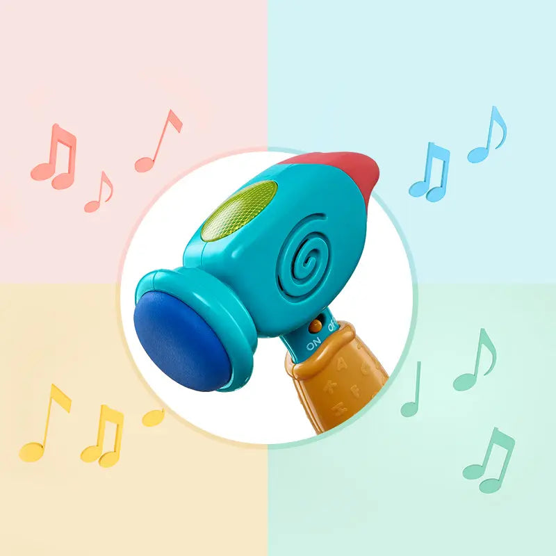 BC Babycare Sound & Light Toy Hammer with blue body and orange grip, shown against pastel backdrop with musical notes.
