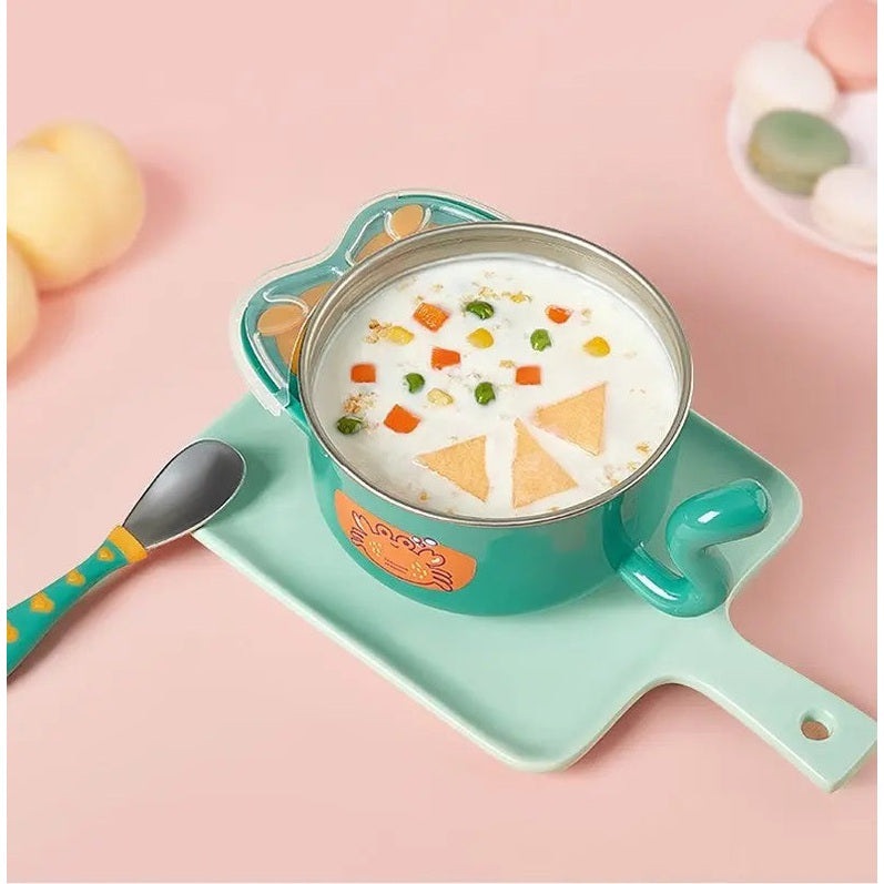 Bc Babycare Stainless Steel Feeding Set 5Pcs: teal tray holds a baby-friendly bowl and spoon ready for mealtime