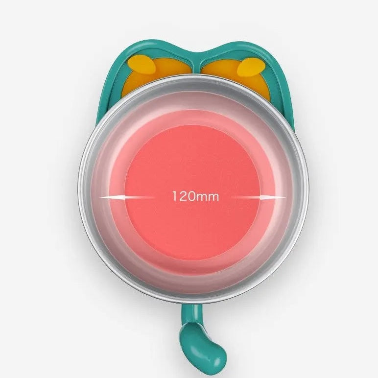 BC Babycare Stainless Steel Feeding Set 5Pcs: pink 120mm bowl with teal lid and yellow handles, ready for mealtime.