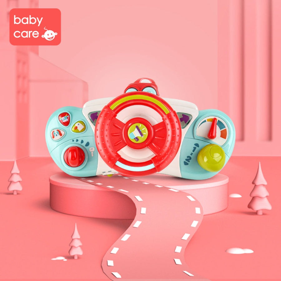 BC Babycare steering wheel toy, turquoise with red center and rainbow accents for babies
