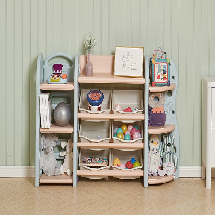 BC Babycare blue toy storage unit with fabric bins and assorted baby toys