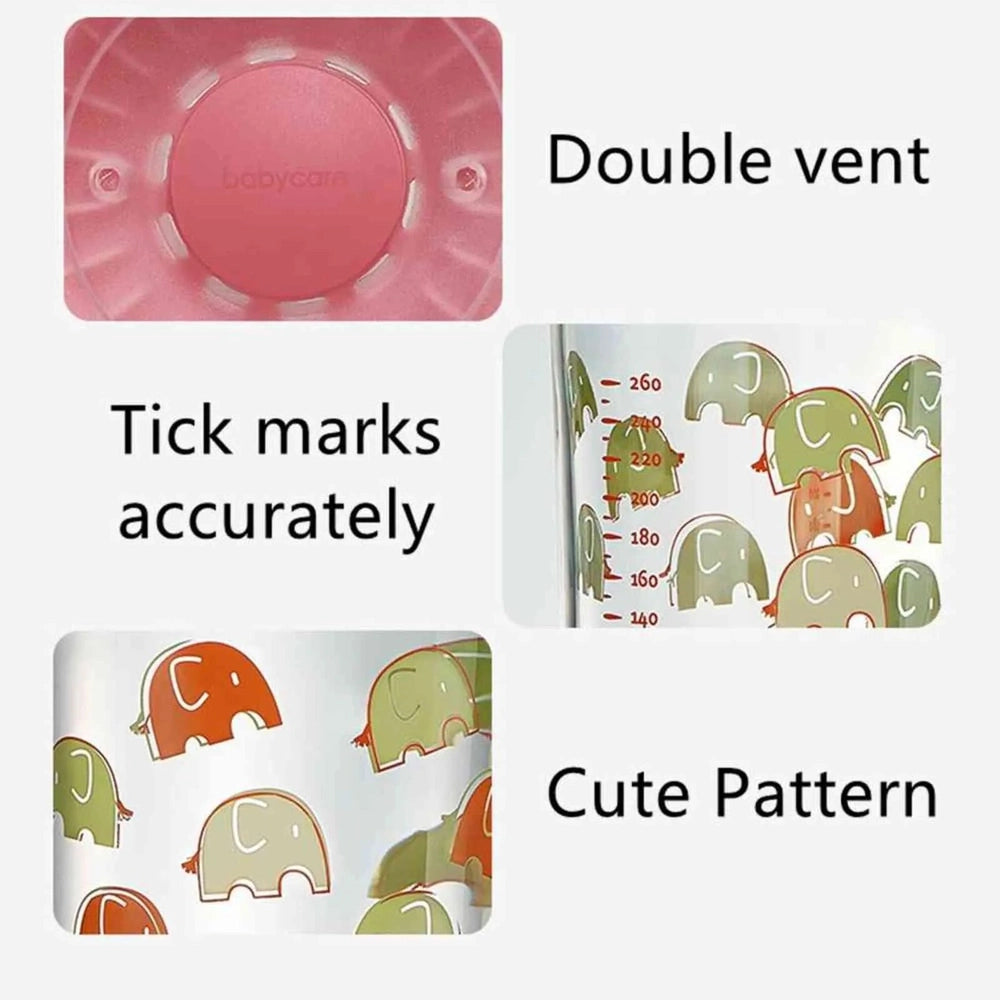BC Babycare training cup 260 ml with pink lid, double vent, and a cute multicolor elephant pattern