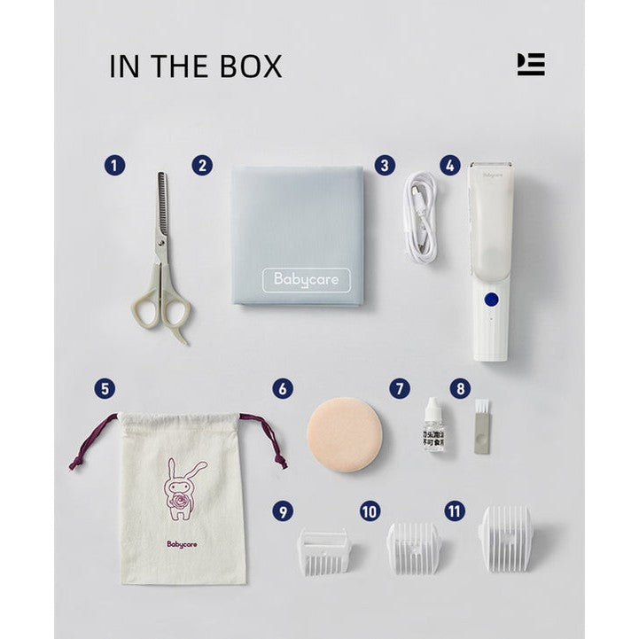 BC Babycare vacuum baby hair clipper 11-piece grooming kit in white with blue button