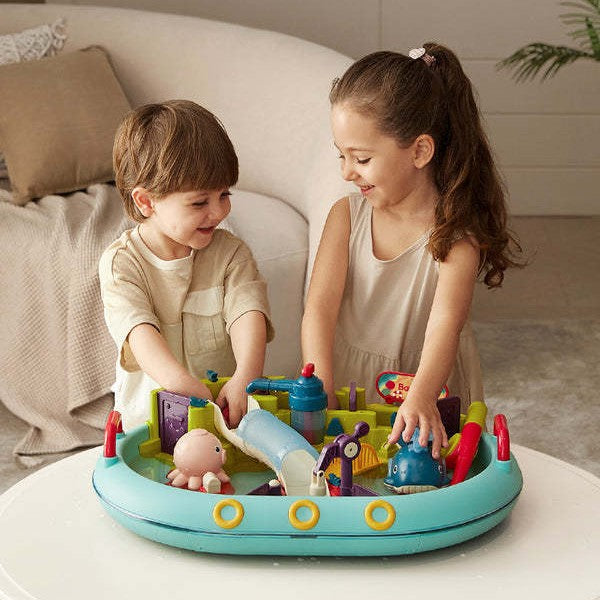 BC Babycare Water Park Toy Set for bath time featuring colorful figures and slides in a blue circular tub.