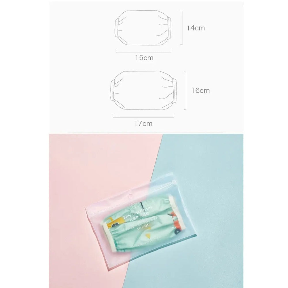 BC Babycare Waterproof Arm Sleeve, pastel packaging; two sizes (14–17 cm) displayed on a pink-blue backdrop.