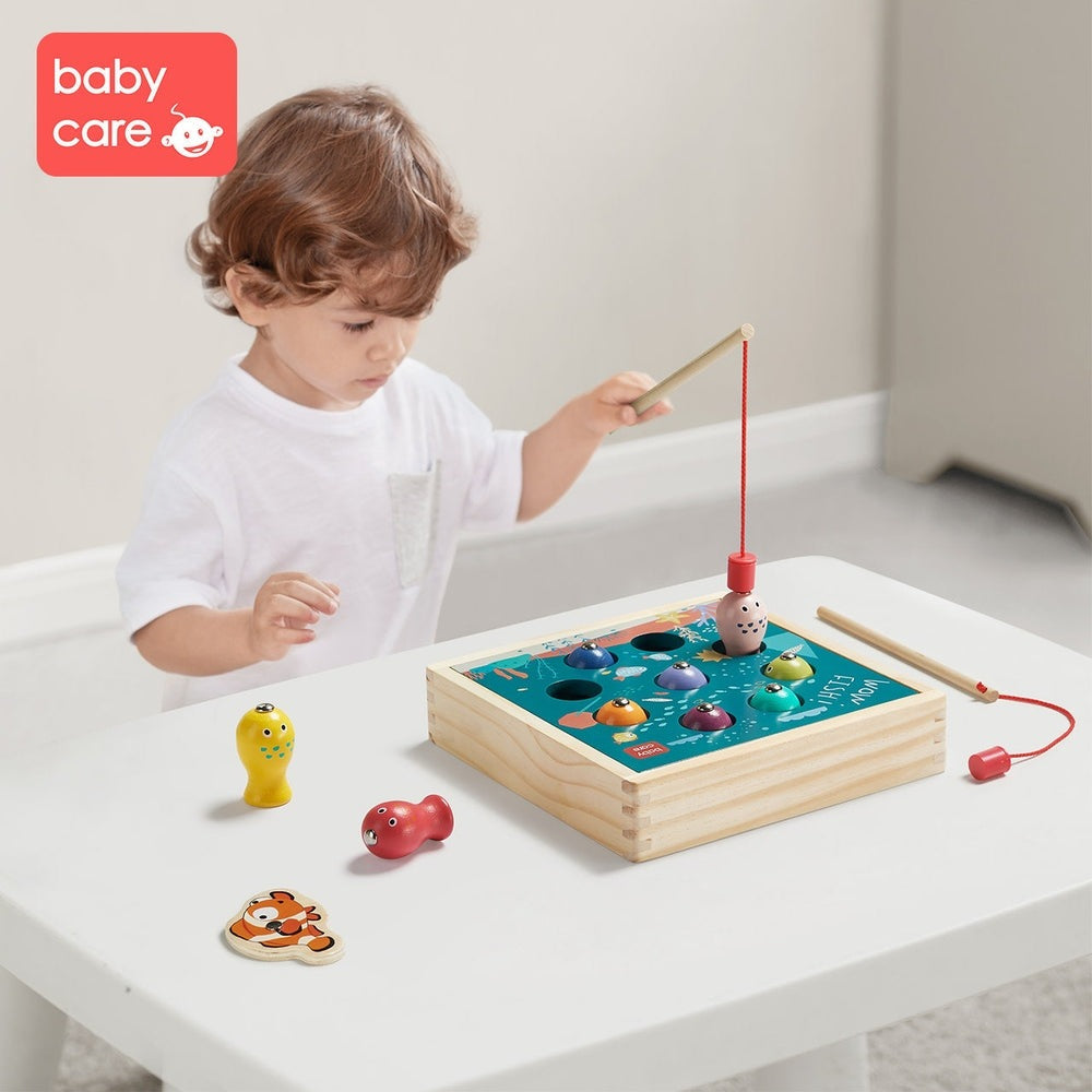 BC Babycare wooden fishing game set, toddler toy with colorful fish pieces and magnetic rod