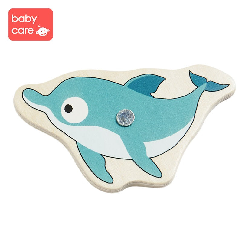 BC Babycare wooden fishing game set whale toy, blue whale illustration on natural wood base