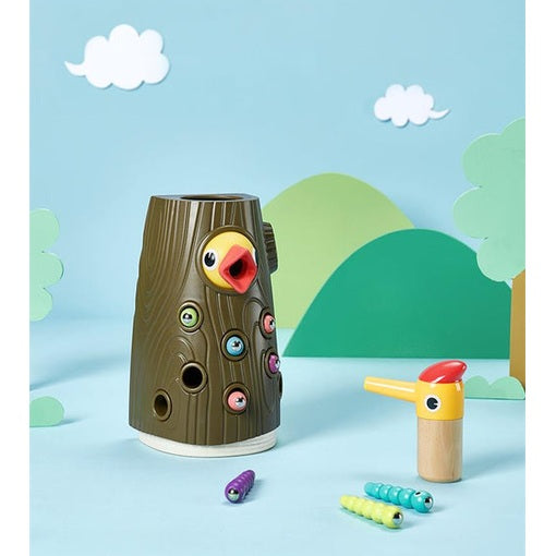 BC Babycare Woodpecker Catching & Feeding Toy Set, wooden tree-trunk game with colorful pegs and a woodpecker figure