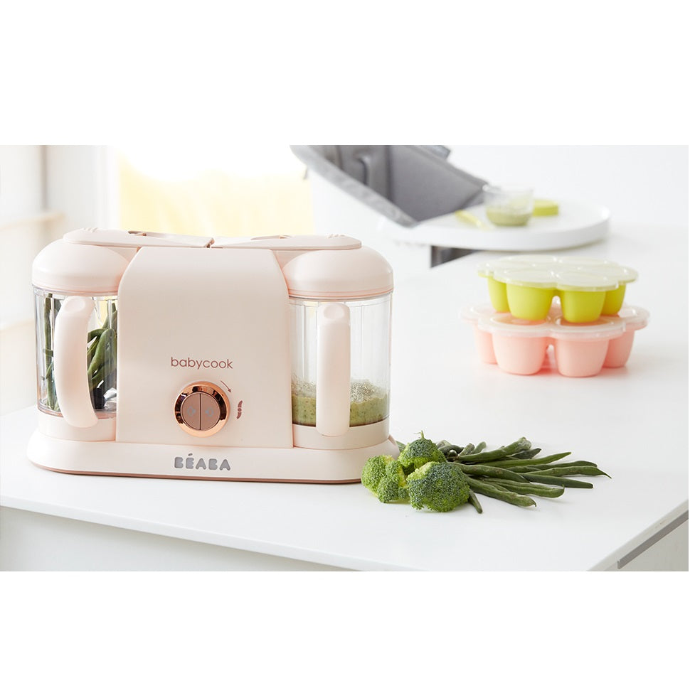 BEABA Babycook Plus Rose Gold baby food maker, pastel pink with copper dial and dual jars