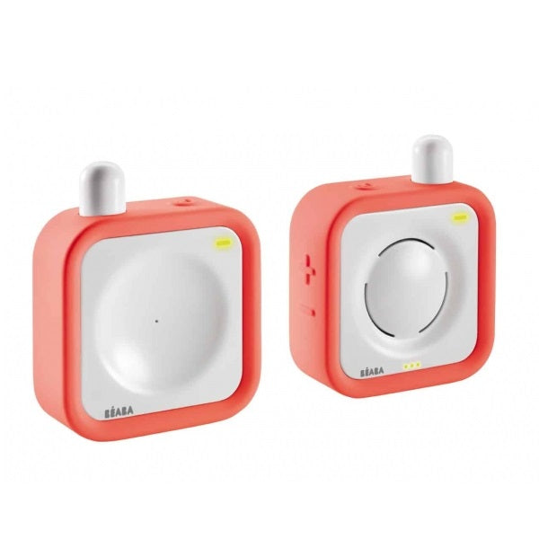 Beaba Minicall Audio Baby Monitor pair in coral with white tops