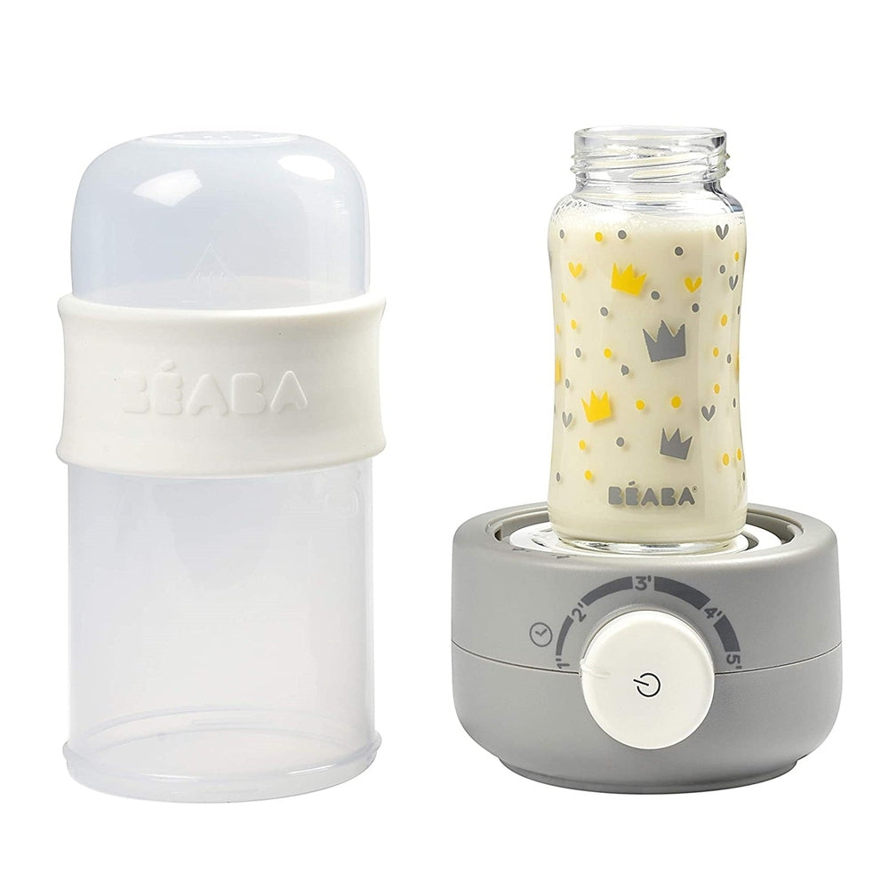 Beaba Ultra Fast Bottle Warmer Cloud with grey base and crown-pattern milk bottle, set of 2