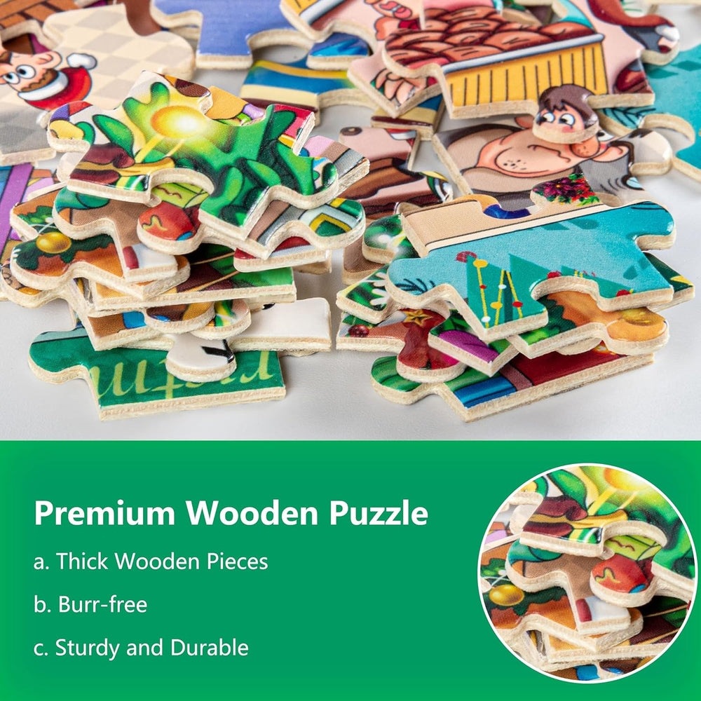 Becko 500-piece wooden jigsaw puzzle showing a Christmas supermarket scene with thick, durable pieces