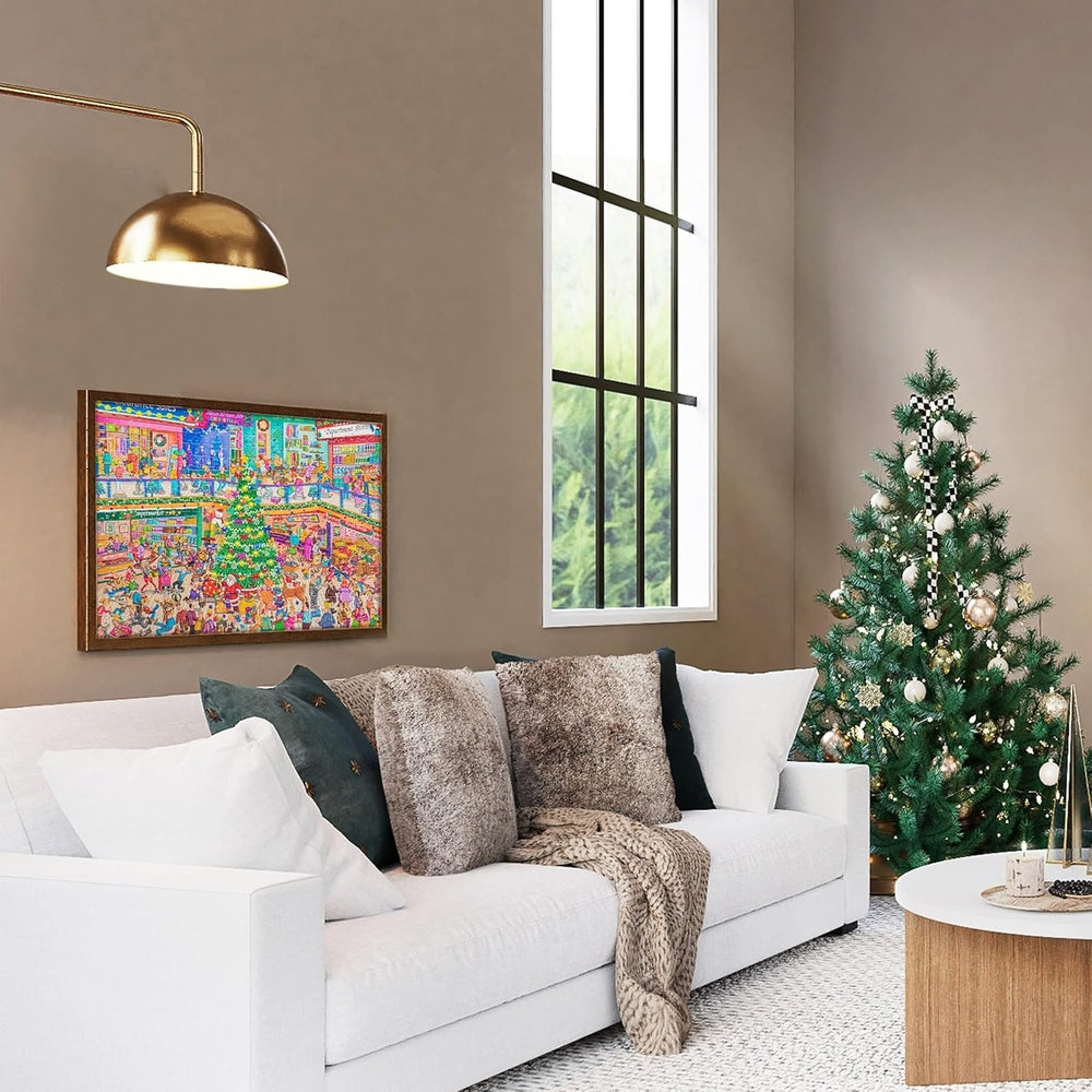 Becko 500-piece Christmas Supermarket jigsaw puzzle, Baby Enroute, shown in a cozy living room with a Christmas tree