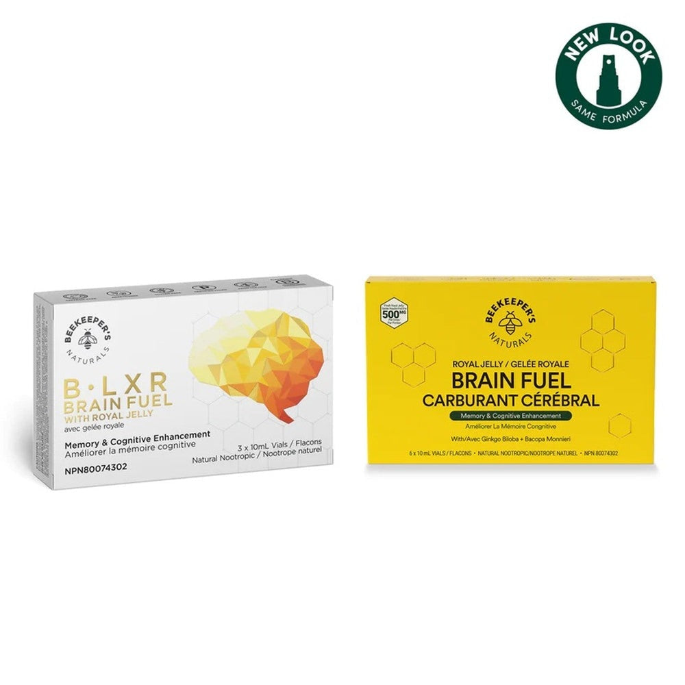 Beekeeper's Naturals B. LXR Brain Fuel 24x10 ml boxes, white and yellow, memory & cognitive support