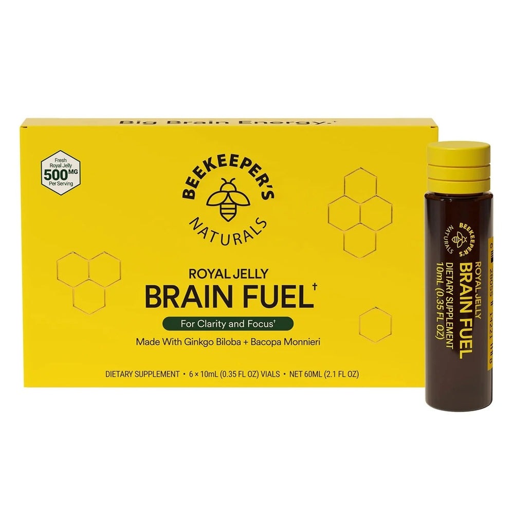 Beekeeper's Naturals Brain Fuel 6x10ml kit, bright yellow box with honeycomb design beside brown vial.