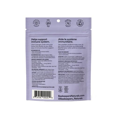 Beekeeper's Naturals Elderberry Propolis Lozenges packaging in a purple pouch with back label