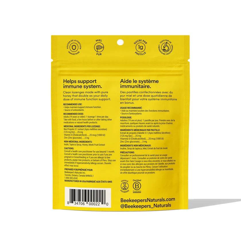 Beekeeper's Naturals Honey Propolis Lozenges in bright yellow packaging with black logo