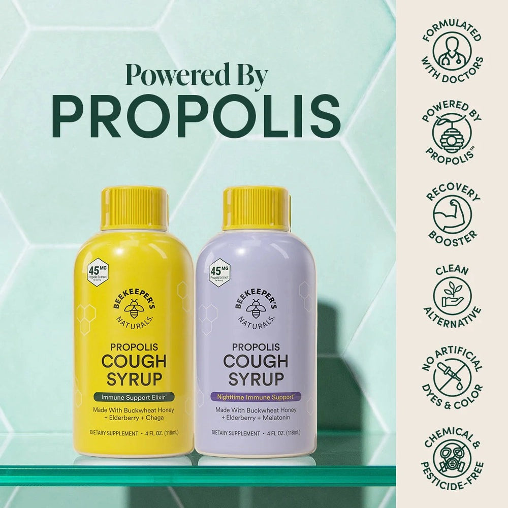 Beekeeper's Naturals Propolis Cough Syrup Daytime 118 ml; yellow and lavender bottles displayed for immune support on mint backdrop