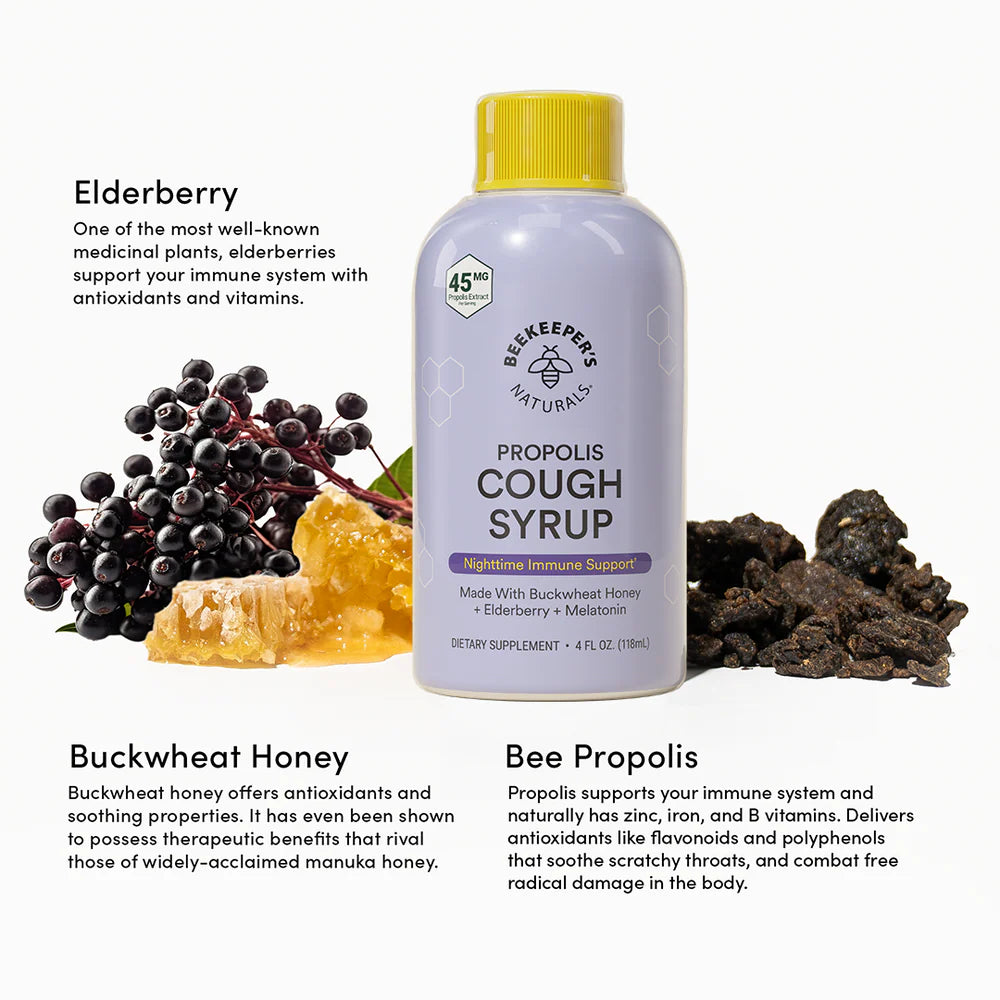 Beekeeper's Naturals Propolis Cough Syrup Nighttime 118 ml bottle beside elderberry and buckwheat honey, for immune support.