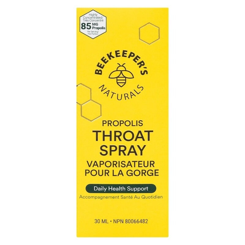 Beekeeper's Naturals Propolis Throat Spray 30 ml box in vibrant yellow, bee logo visible.