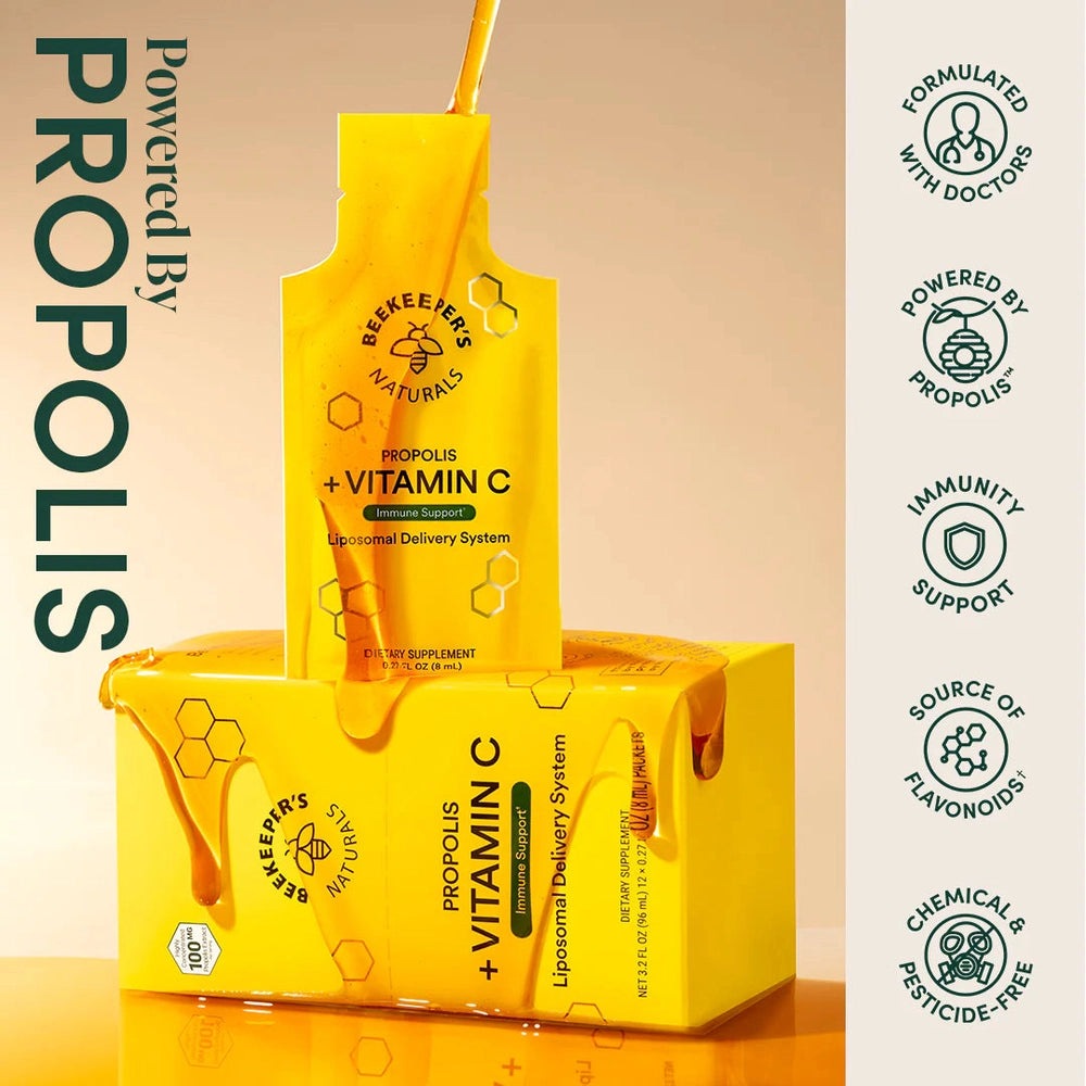 Beekeeper's Naturals Propolis + Vitamin C Liposomal 12 ct in bright yellow packaging; honeycomb accents.