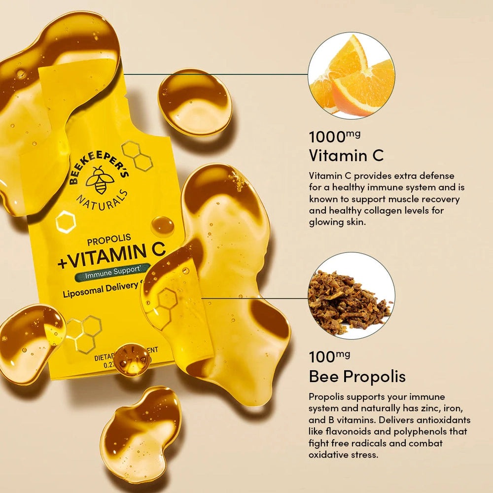 Beekeeper's Naturals Propolis + Vitamin C Liposomal 12 ct; yellow pouch with honey drips, featuring 1000 mg Vitamin C and 100 mg Bee Propolis.