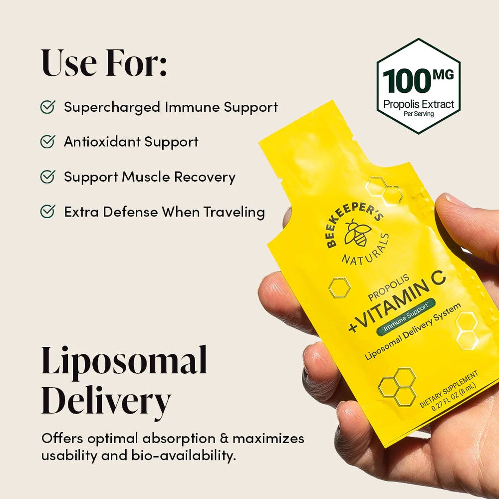 Beekeeper's Naturals Propolis + Vitamin C Liposomal 12 ct held in hand, highlighting immune support and antioxidant benefits.