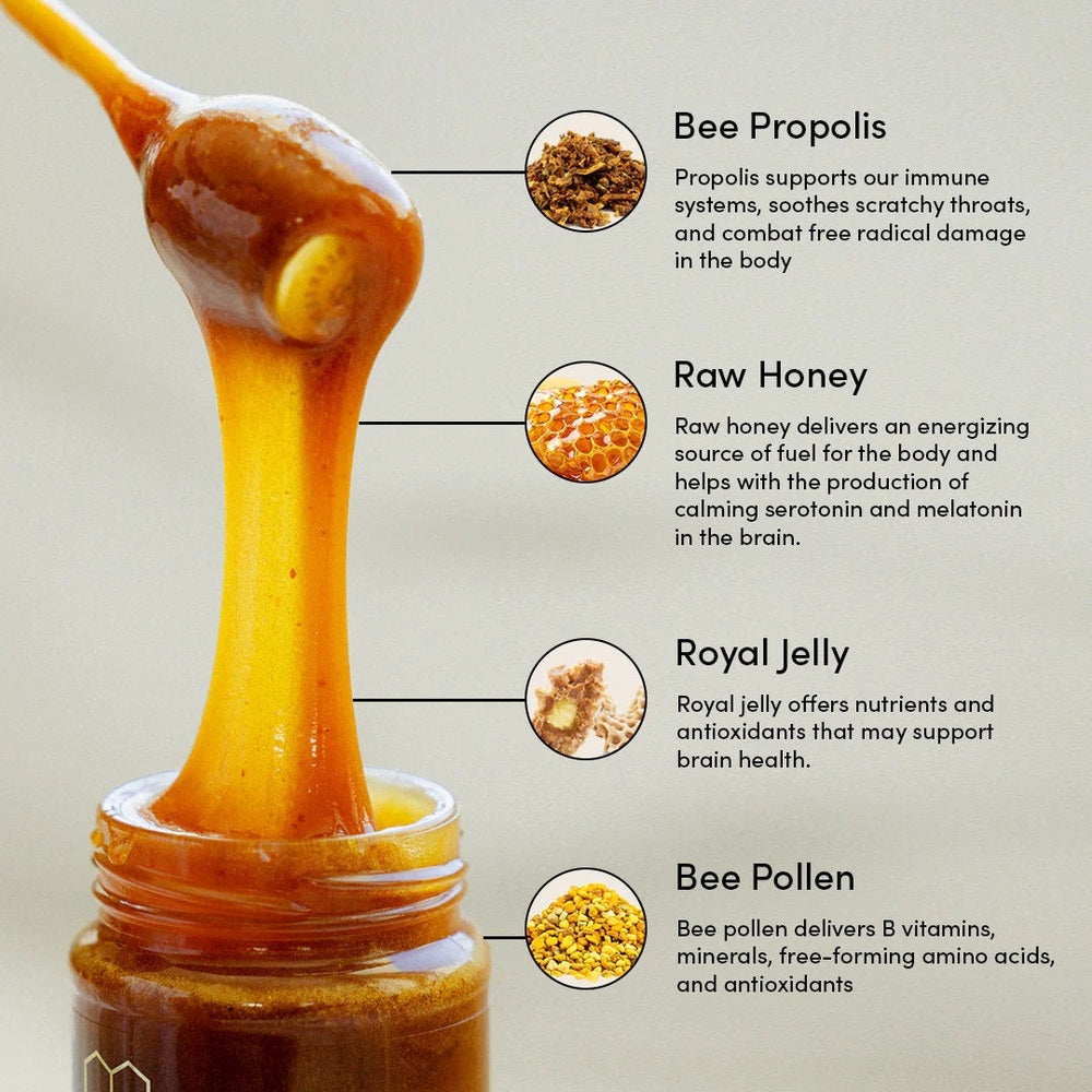 Beekeeper's Naturals Superfood Honey 330g bottle with dripping honey, highlighting propolis, raw honey, royal jelly, and bee pollen benefits.