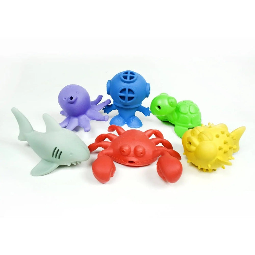 BeginAgain Bathtub Pals: six colorful sea creatures by STORTZ TOYS, arranged for bath-time play.