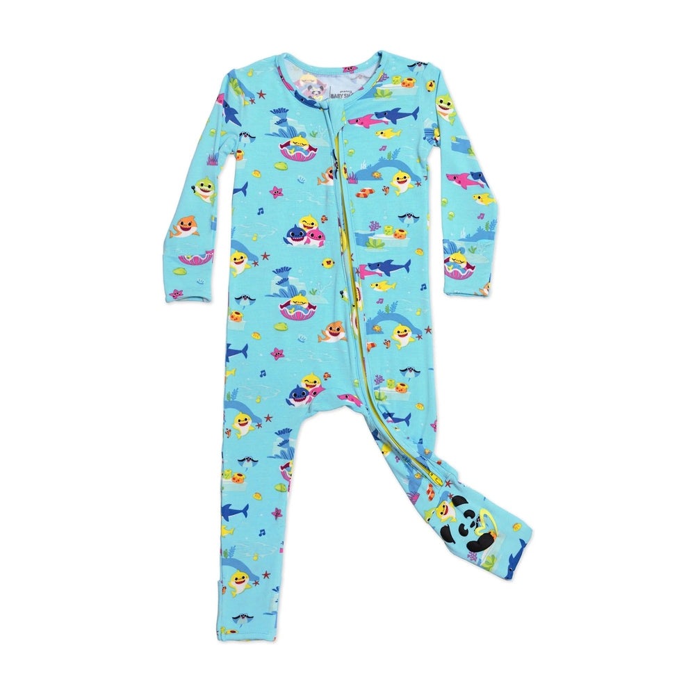 Bellabu Bear Bamboo Convertible Footie Baby Shark in light blue with playful shark print and front zip.