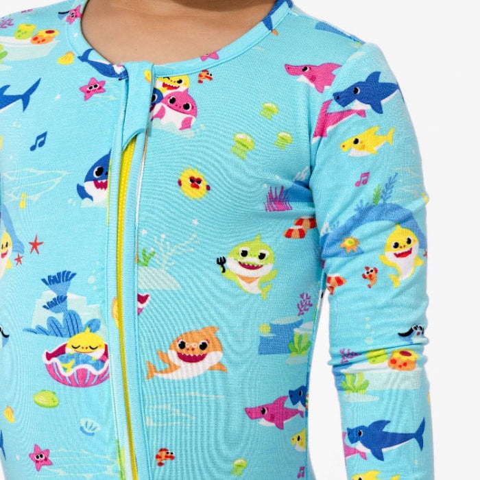 Bellabu Bear Bamboo Convertible Footie Baby Shark: toddler in blue sleepwear with yellow zipper and colorful sea creature prints.