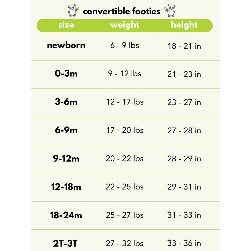 Bellabu Bear Bamboo Convertible Footie Shark School size chart showing weight and height ranges from newborn to 2T.