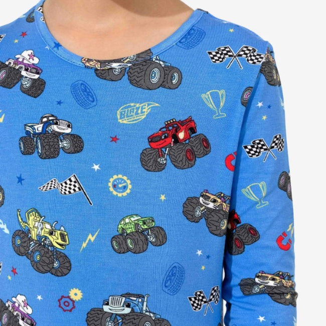 Bellabu Bear Bamboo Kids Pajamas Blaze and the Monster Machines blue long-sleeve top with colorful monster trucks.