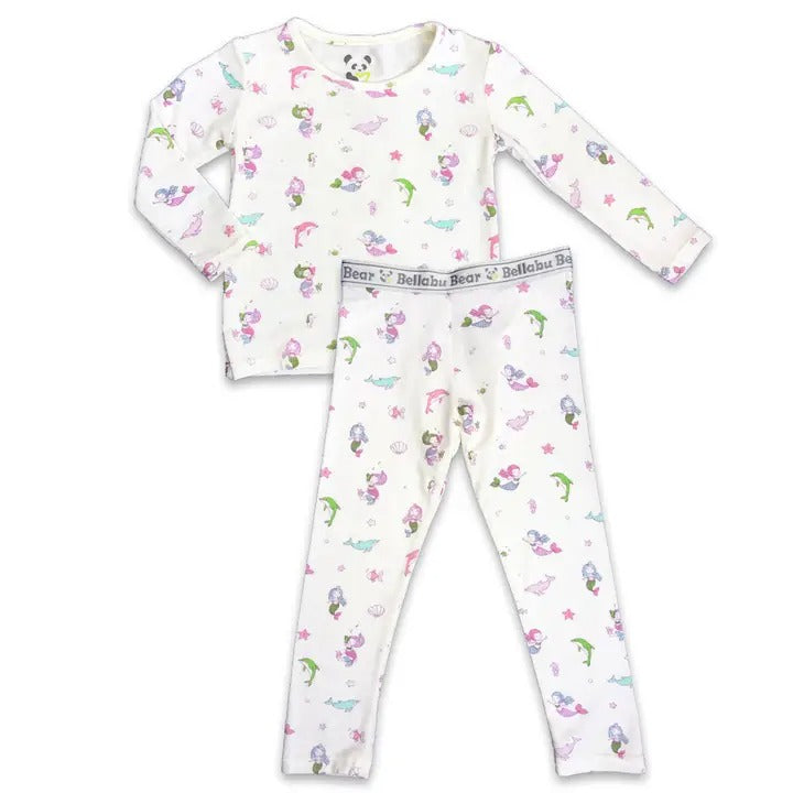 Bellabu Bear Bamboo Kids Pajamas Mermaid set, white two-piece sleepwear with pastel mermaids, top and pants laid flat.
