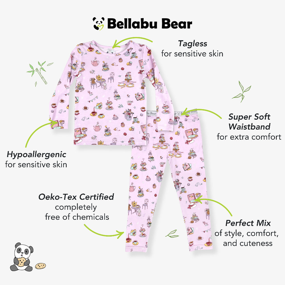 Bellabu Bear Bamboo Kids Pajamas Tea Party set: pink top and pants, tagless neckline, soft waistband, hypoallergenic, Oeko-Tex certified