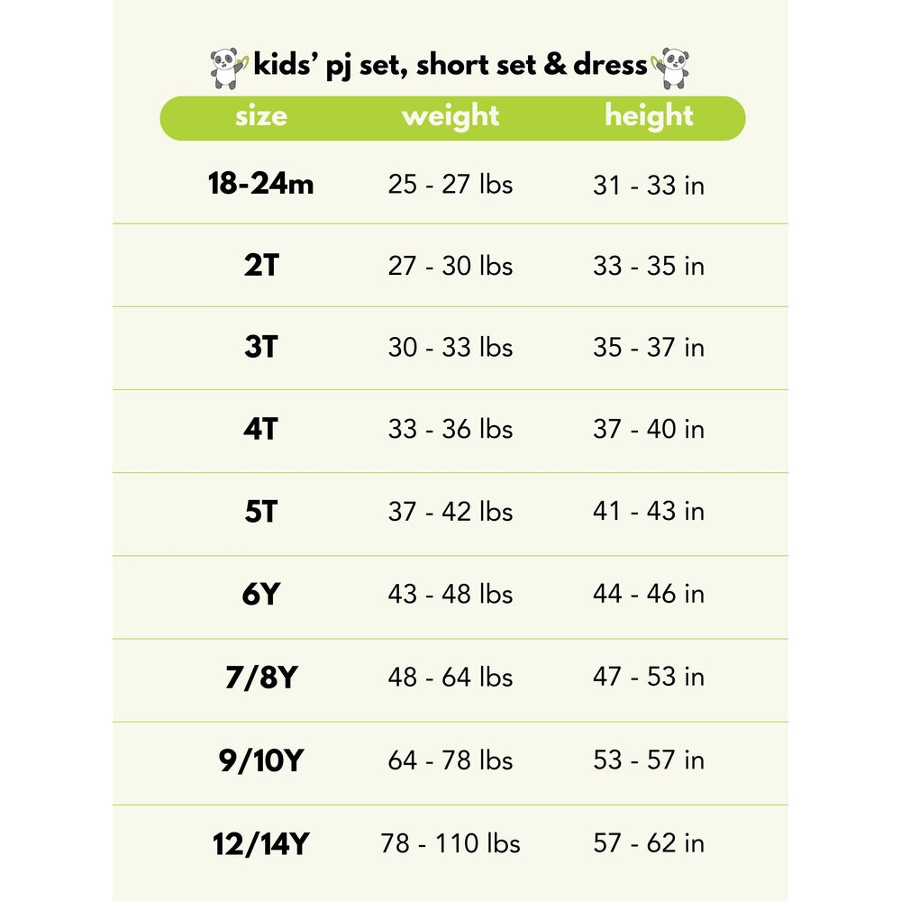 Bellabu Bear Bamboo Kids Pajamas Vintage Suitcases size chart shows weight and height ranges with panda icons.