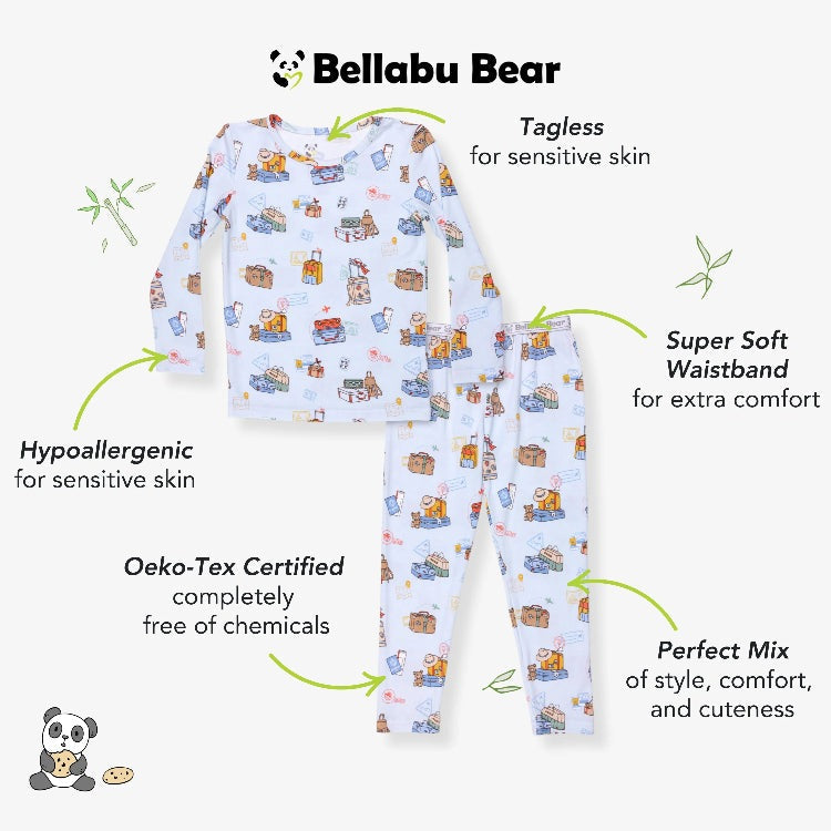 Bellabu Bear Bamboo Kids Pajamas: vintage suitcase print, tagless for sensitive skin, hypoallergenic, Oeko-Tex certified, super soft waistband